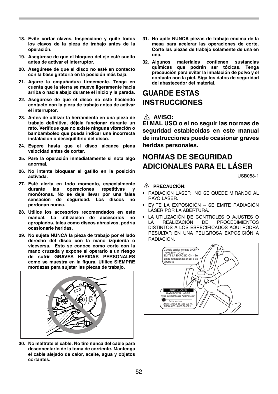 Guarde estas instrucciones, Normas de seguridad adicionales para el láser | Motorola LS1013 User Manual | Page 52 / 76