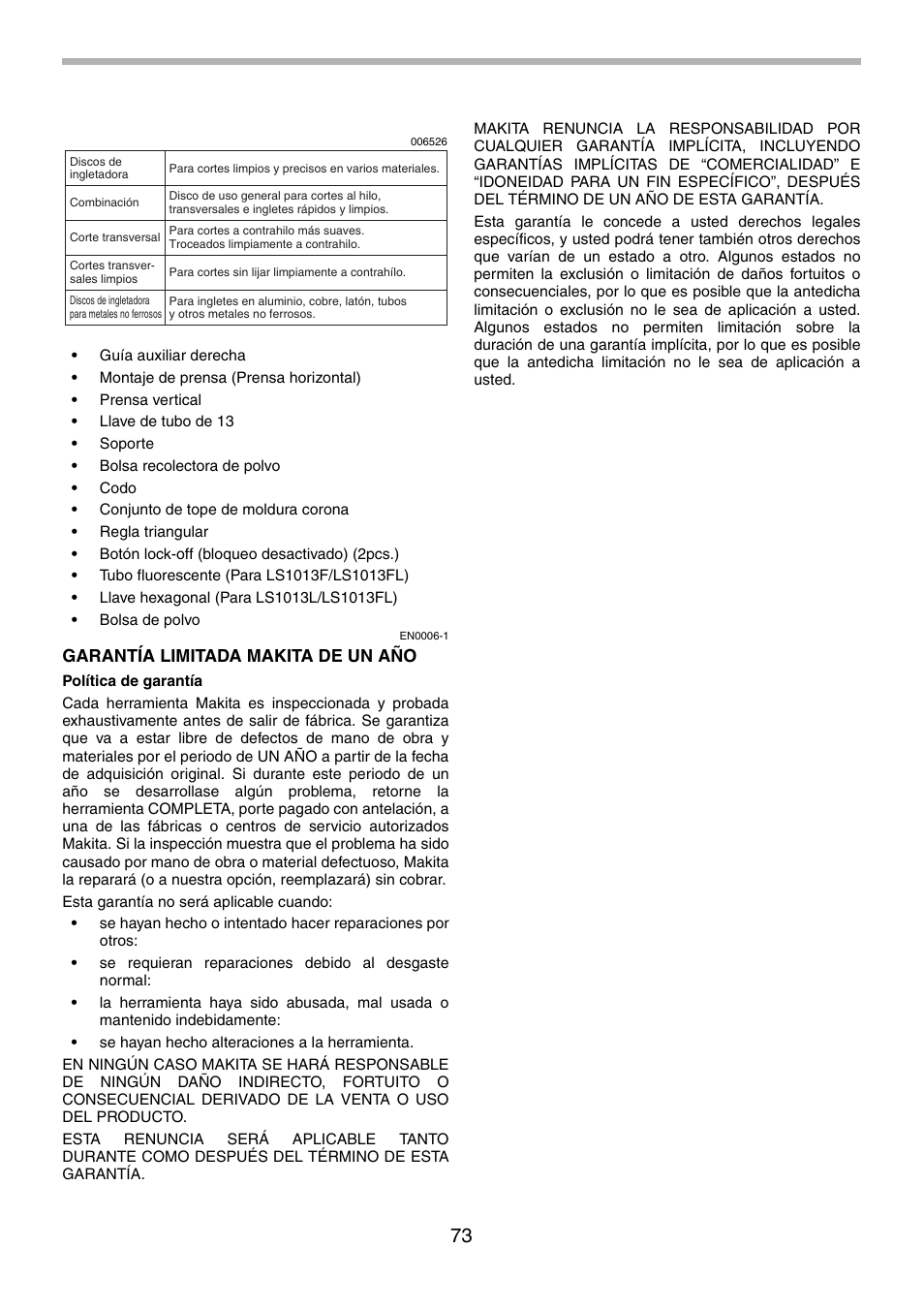 Garantía limitada makita de un año | Motorola LS1013 User Manual | Page 73 / 76