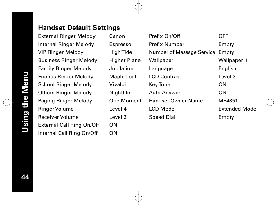 Handset default settings | Motorola ME4851 User Manual | Page 45 / 74