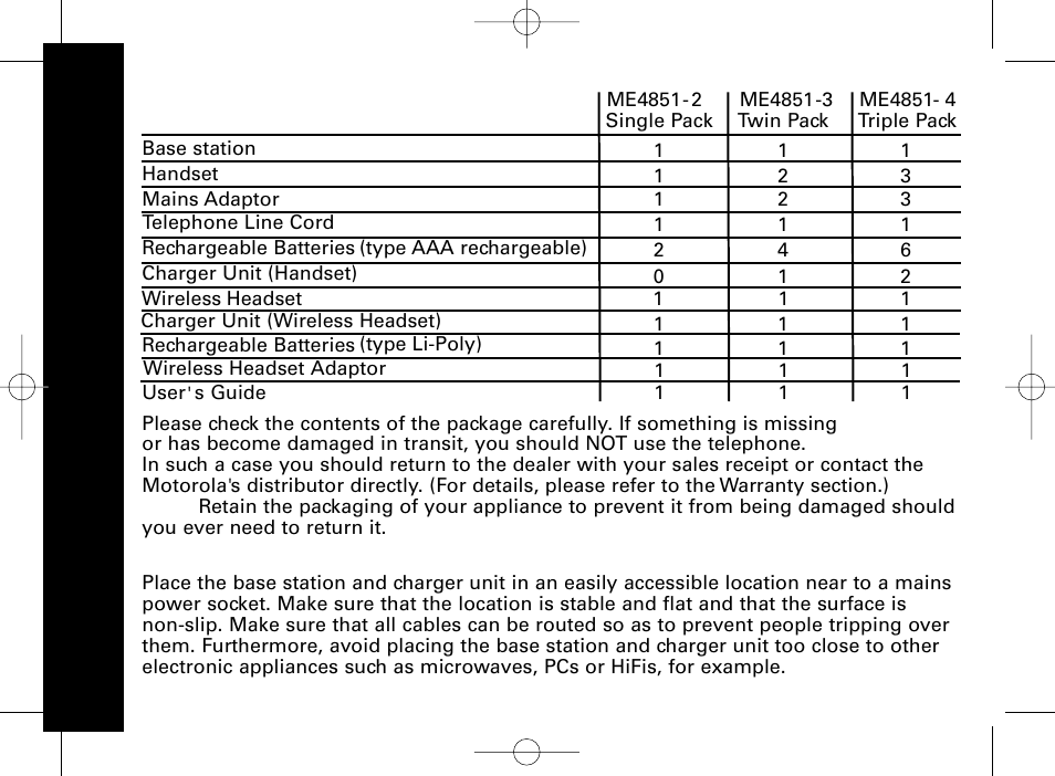 Package contents, Setting up the base station and charger unit | Motorola ME4851 User Manual | Page 9 / 74