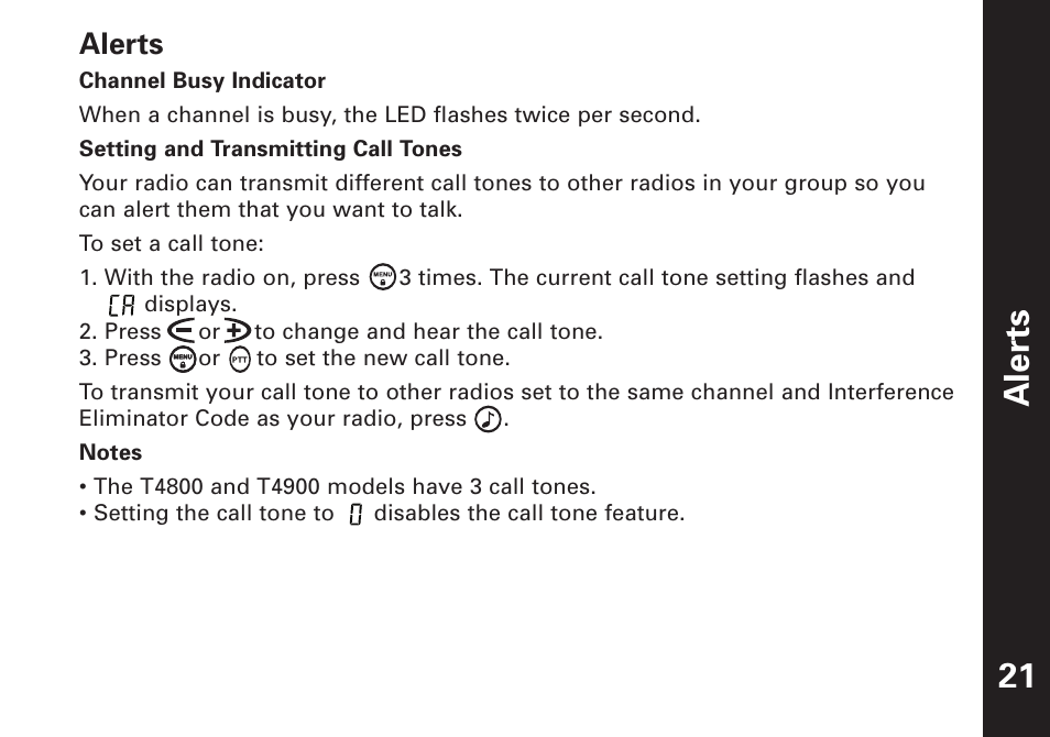 Aler ts 21, Alerts | Motorola T4900 User Manual | Page 22 / 33