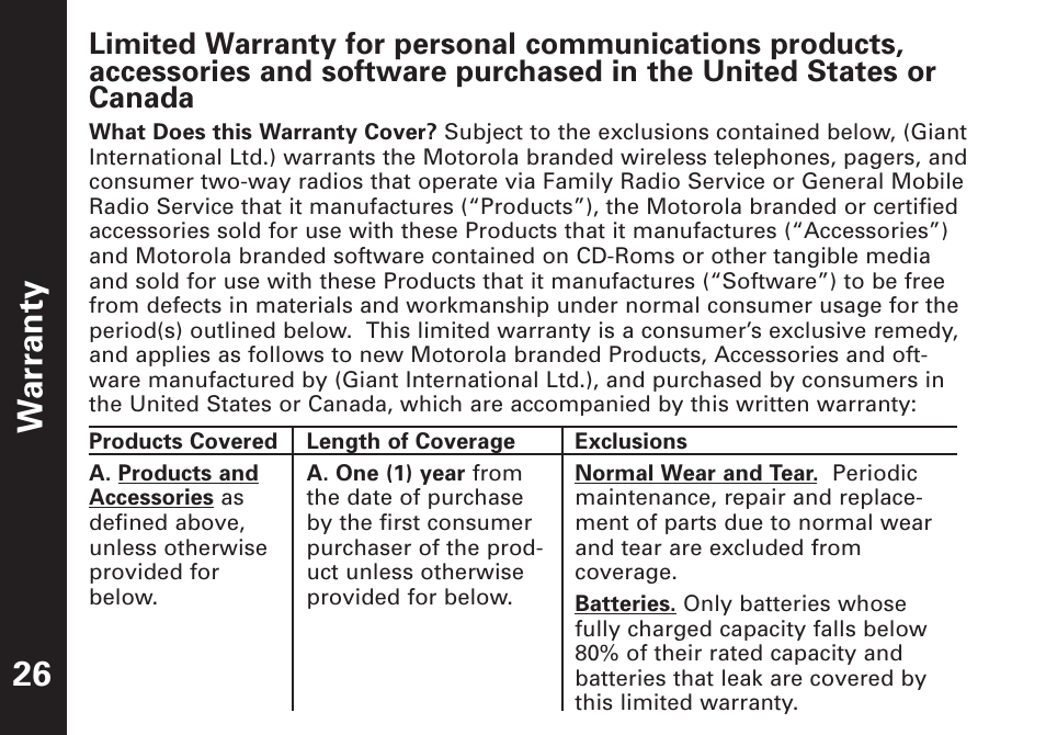War ranty 26 | Motorola T4900 User Manual | Page 27 / 33