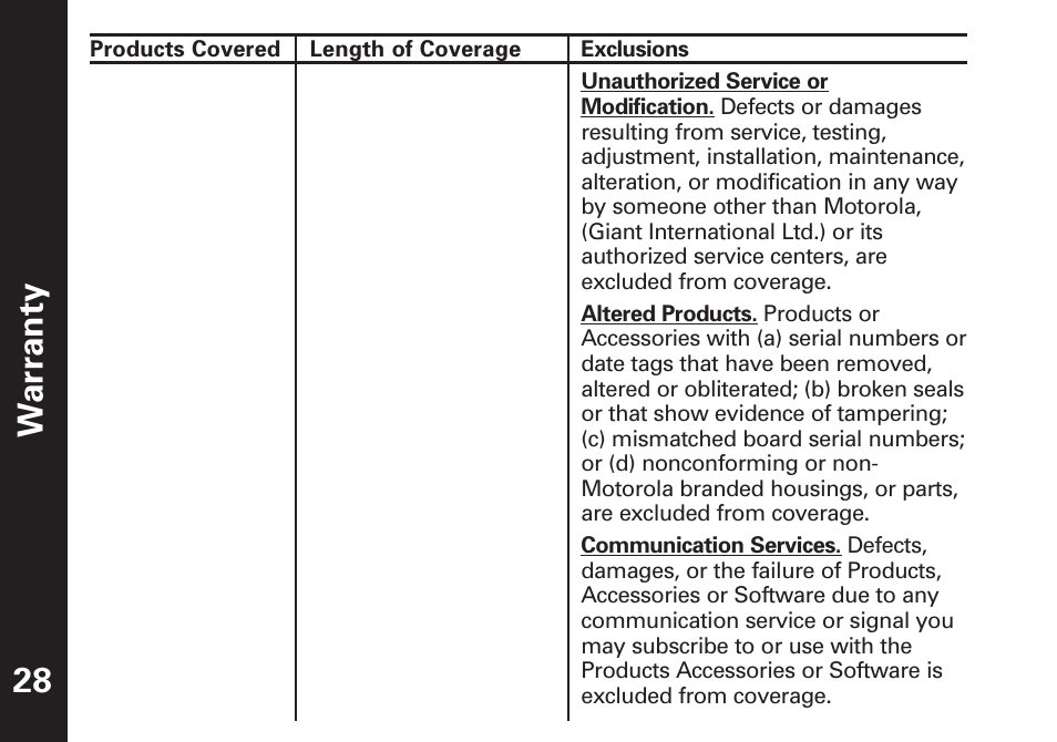 War ranty 28 | Motorola T4900 User Manual | Page 29 / 33