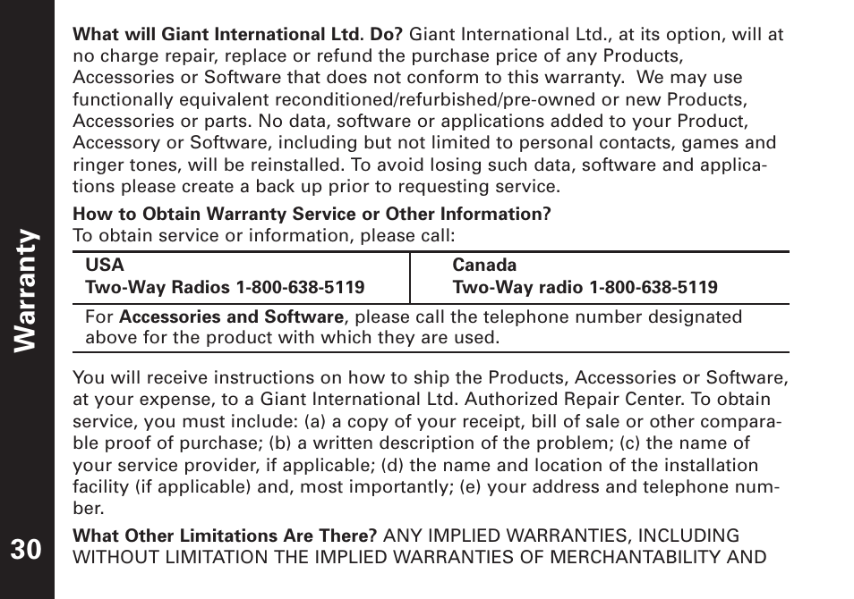 War ranty 30 | Motorola T4900 User Manual | Page 31 / 33