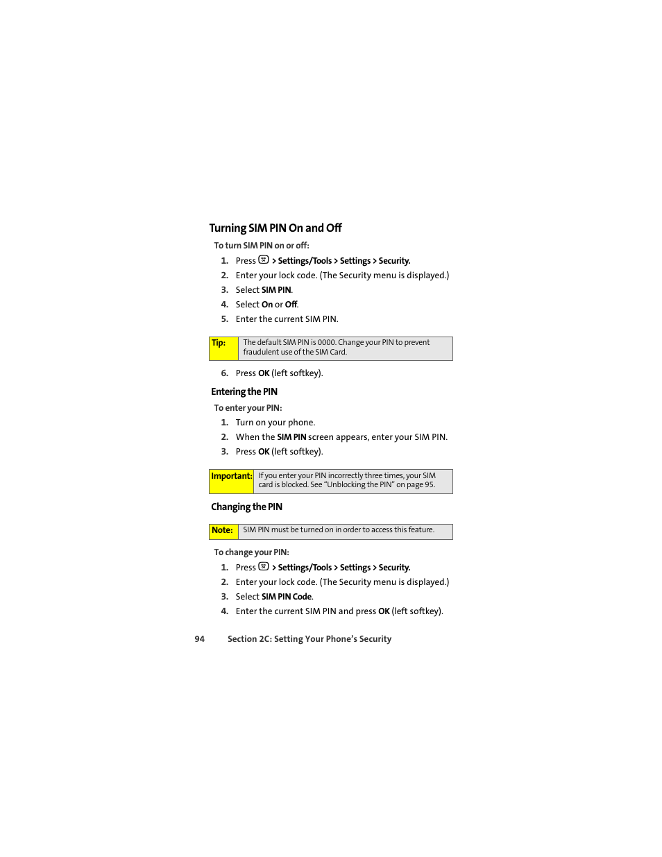 Turning sim pin on and off | Motorola Deluxe Ic902 User Manual | Page 112 / 289