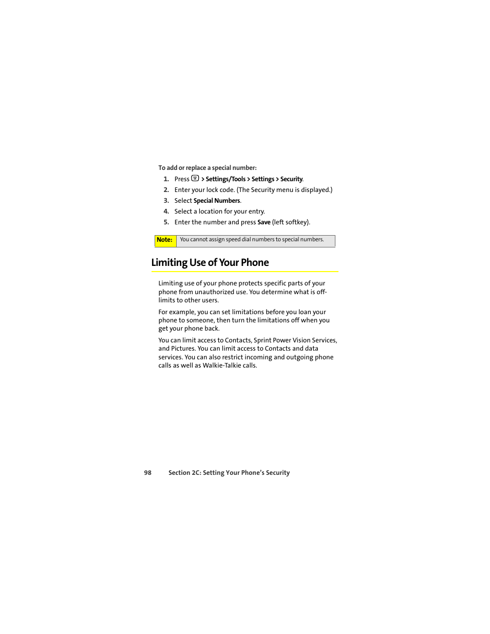 Limiting use of your phone | Motorola Deluxe Ic902 User Manual | Page 116 / 289