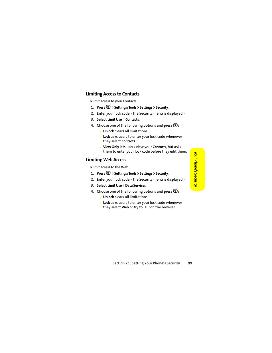 Limiting access to contacts, Limiting web access | Motorola Deluxe Ic902 User Manual | Page 117 / 289