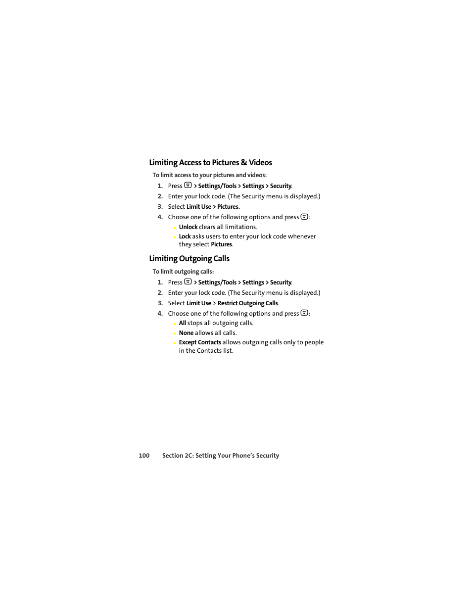 Limiting access to pictures & videos, Limiting outgoing calls | Motorola Deluxe Ic902 User Manual | Page 118 / 289