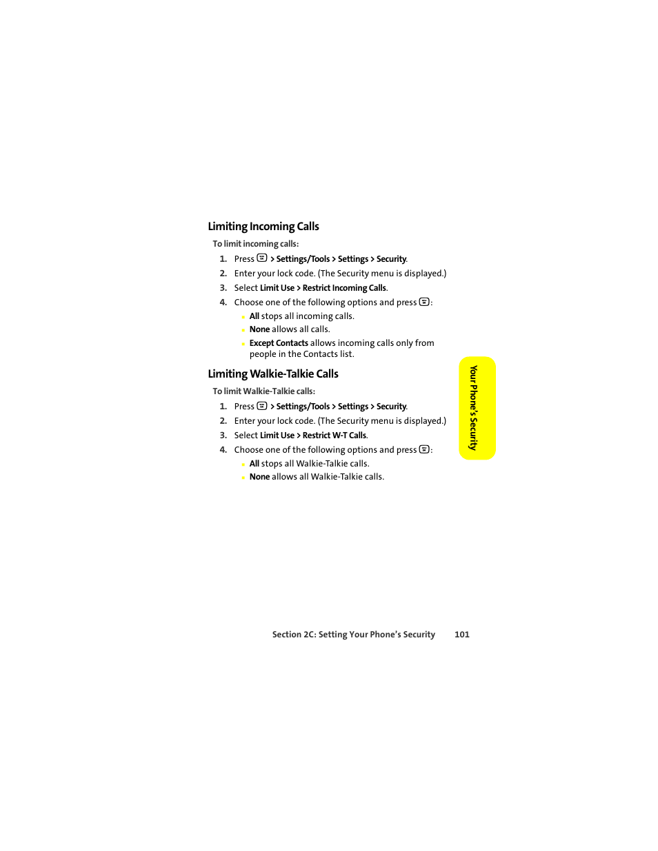 Limiting incoming calls, Limiting walkie-talkie calls | Motorola Deluxe Ic902 User Manual | Page 119 / 289