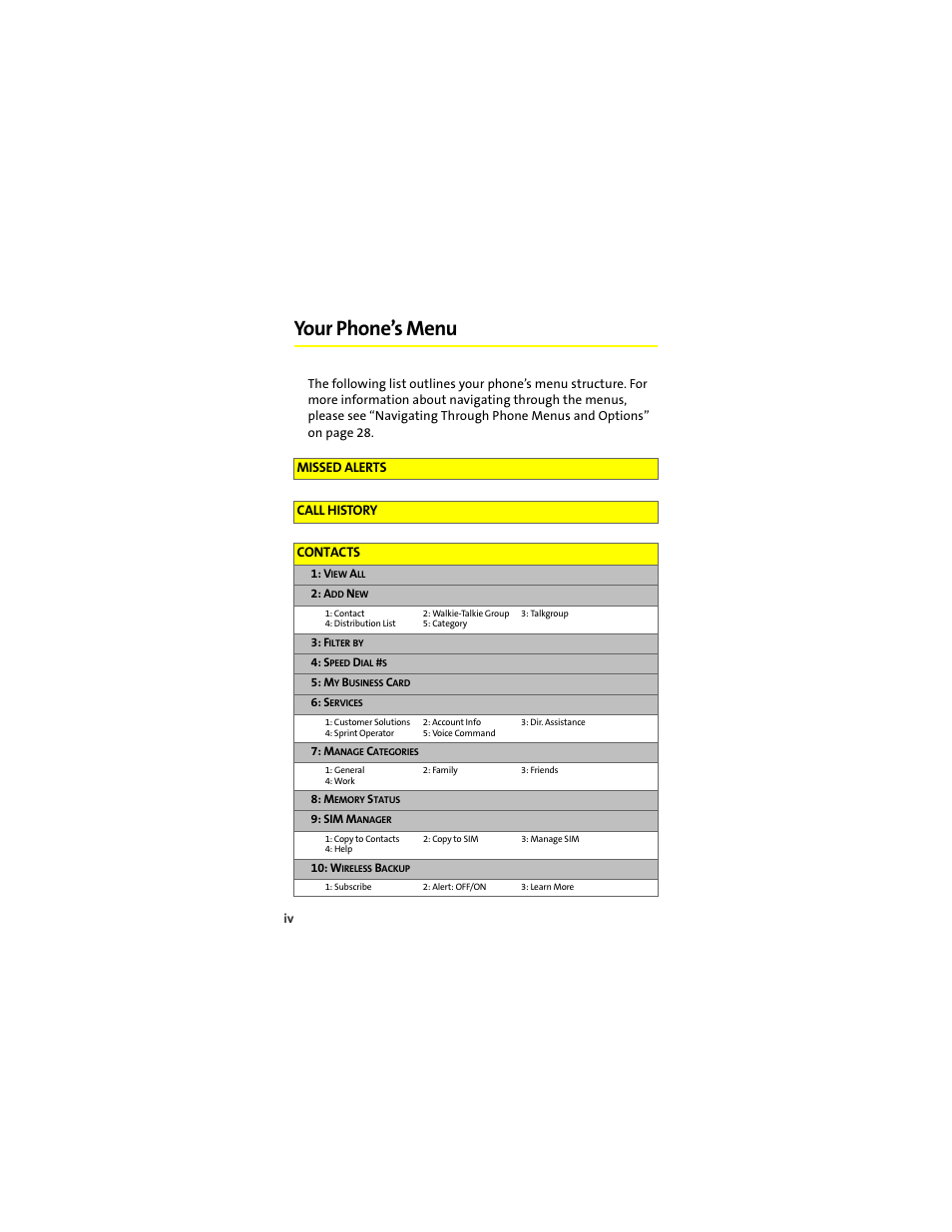 Your phone’s menu, Missed alerts call history contacts | Motorola Deluxe Ic902 User Manual | Page 12 / 289