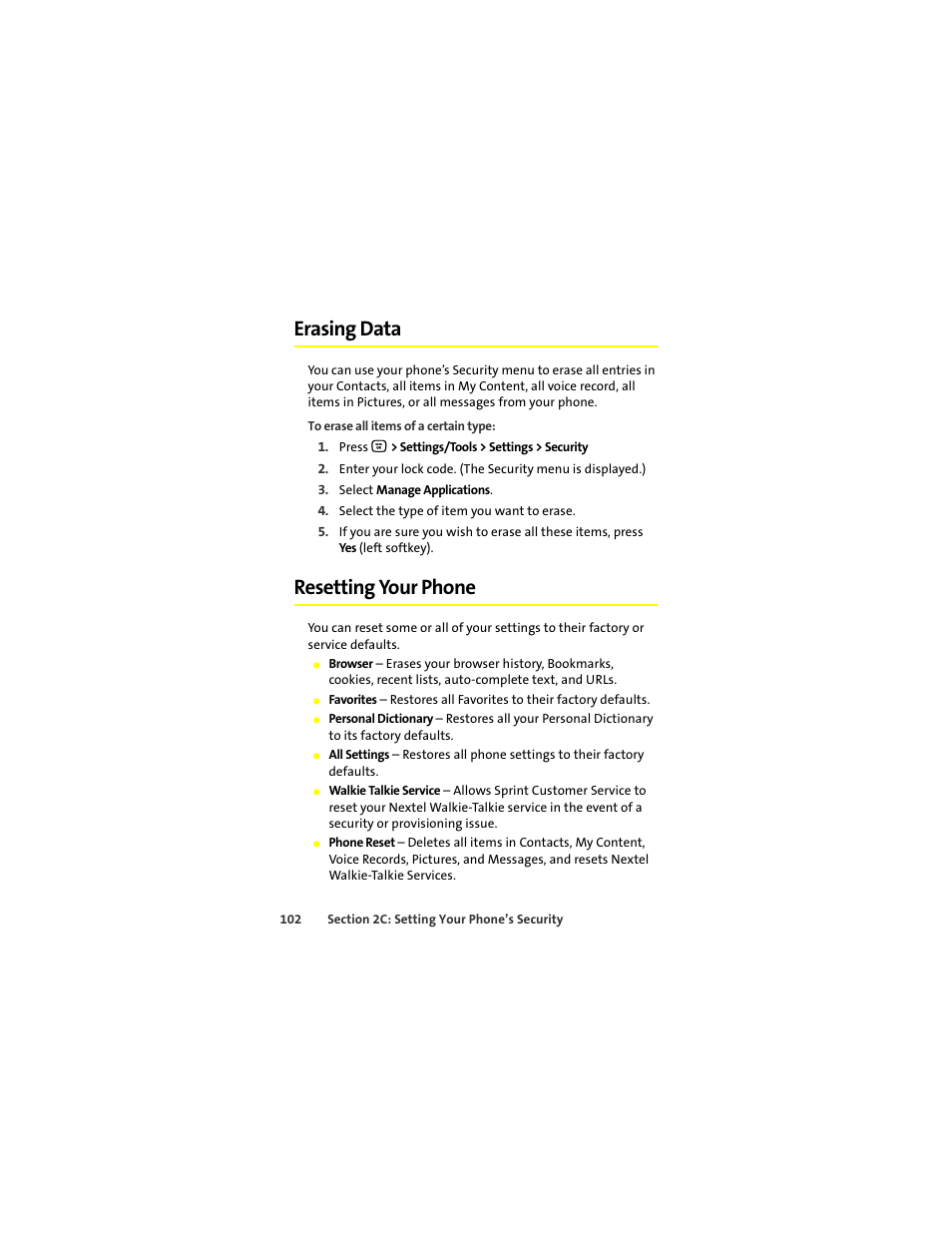 Erasing data, Resetting your phone | Motorola Deluxe Ic902 User Manual | Page 120 / 289