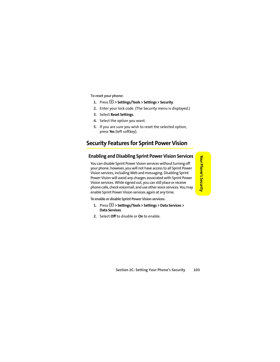 Security features for sprint power vision | Motorola Deluxe Ic902 User Manual | Page 121 / 289