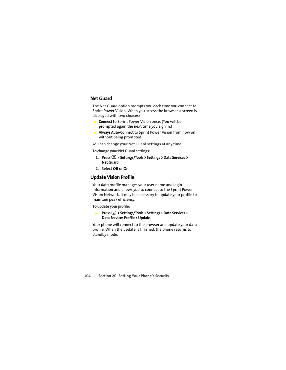 Net guard, Update vision profile | Motorola Deluxe Ic902 User Manual | Page 122 / 289