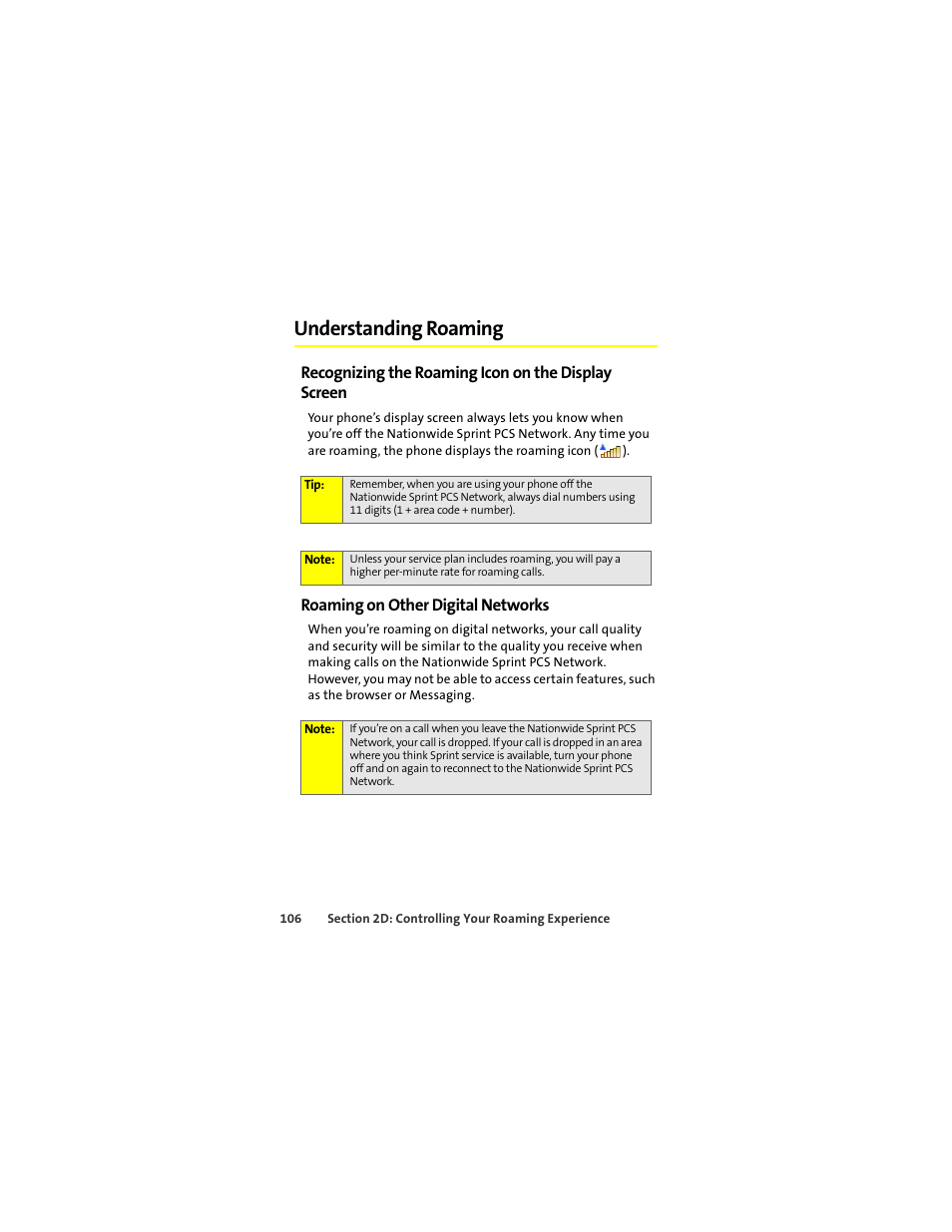 Understanding roaming, Recognizing the roaming icon on the display screen, Roaming on other digital networks | Motorola Deluxe Ic902 User Manual | Page 124 / 289