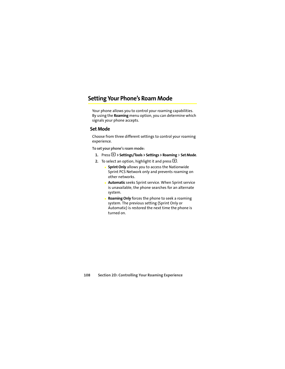 Setting your phone’s roam mode, Set mode | Motorola Deluxe Ic902 User Manual | Page 126 / 289