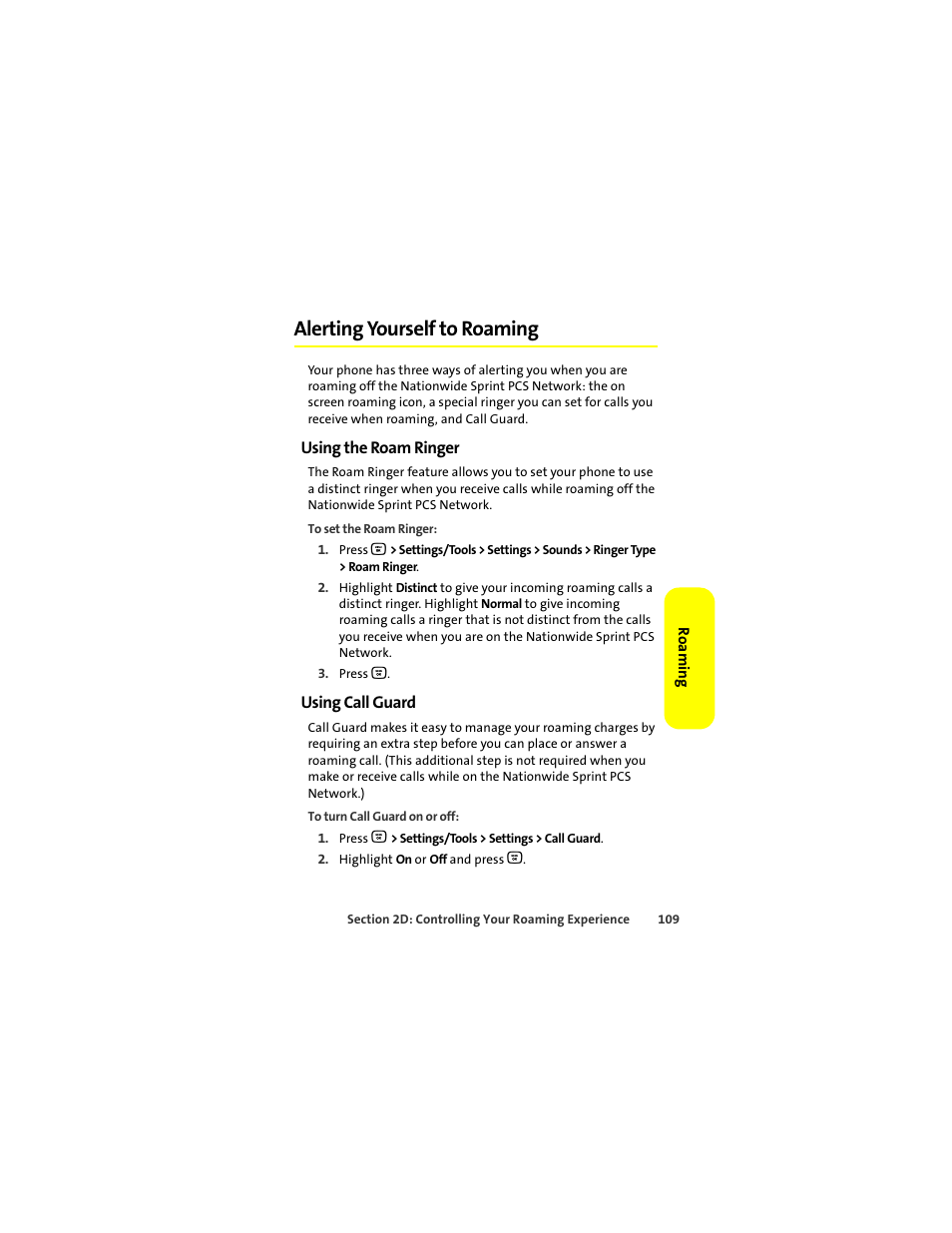 Alerting yourself to roaming, Using the roam ringer, Using call guard | Er the call. (see “using call guard” on | Motorola Deluxe Ic902 User Manual | Page 127 / 289