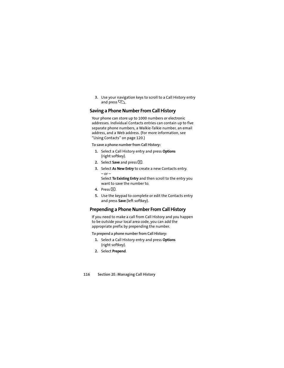 Saving a phone number from call history, Prepending a phone number from call history | Motorola Deluxe Ic902 User Manual | Page 134 / 289