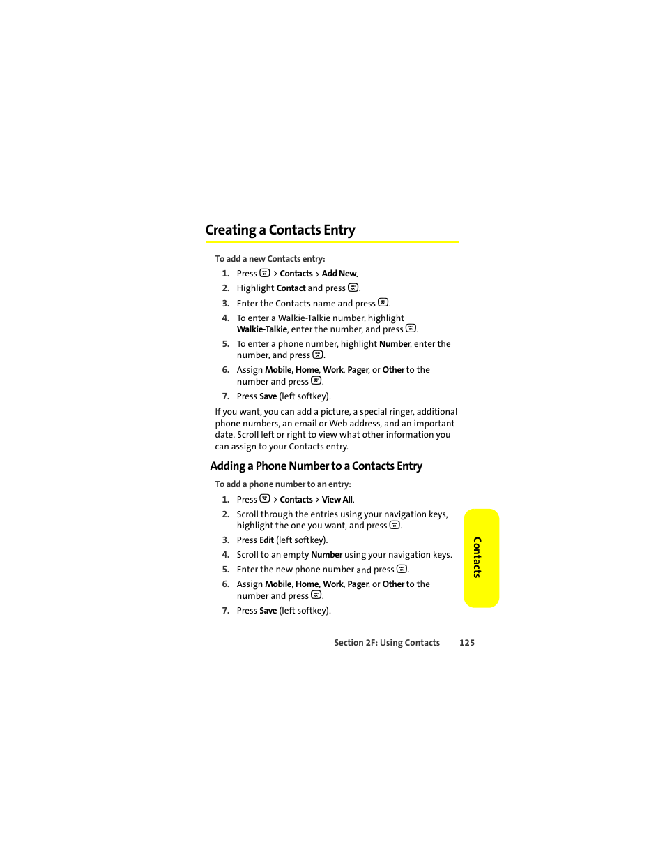Creating a contacts entry, Adding a phone number to a contacts entry | Motorola Deluxe Ic902 User Manual | Page 143 / 289