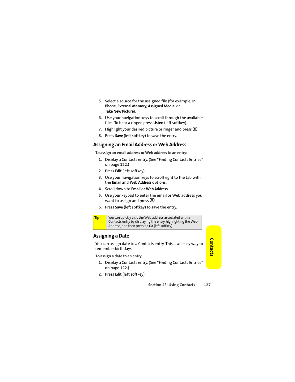 Assigning an email address or web address, Assigning a date | Motorola Deluxe Ic902 User Manual | Page 145 / 289