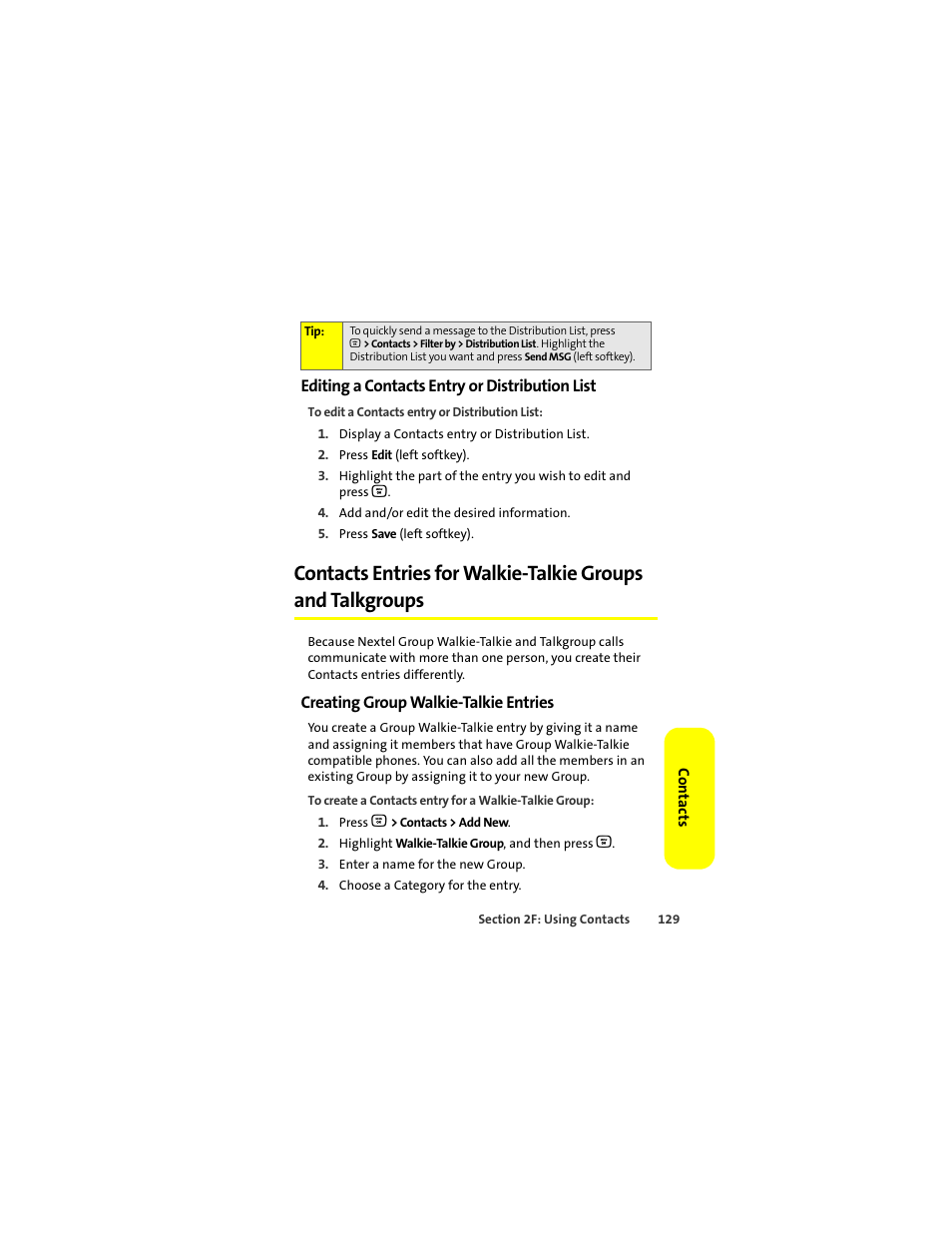 Editing a contacts entry or distribution list, Creating group walkie-talkie entries | Motorola Deluxe Ic902 User Manual | Page 147 / 289