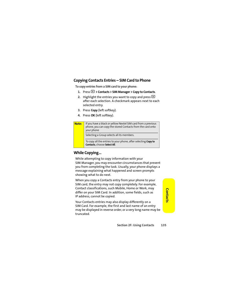 Copying contacts entries - sim card to phone, While copying | Motorola Deluxe Ic902 User Manual | Page 153 / 289