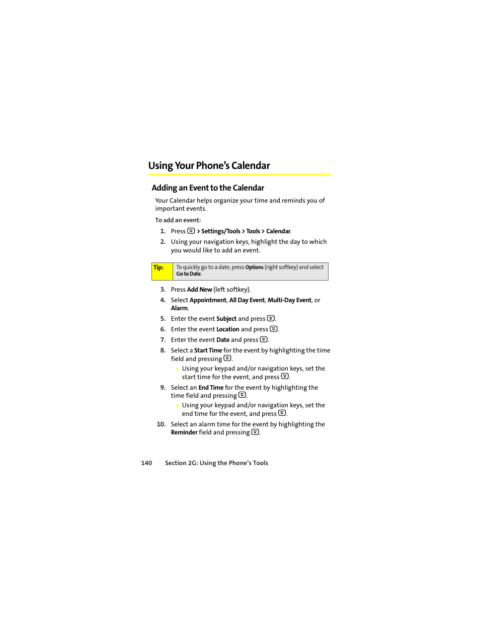 Using your phone’s calendar, Adding an event to the calendar | Motorola Deluxe Ic902 User Manual | Page 158 / 289