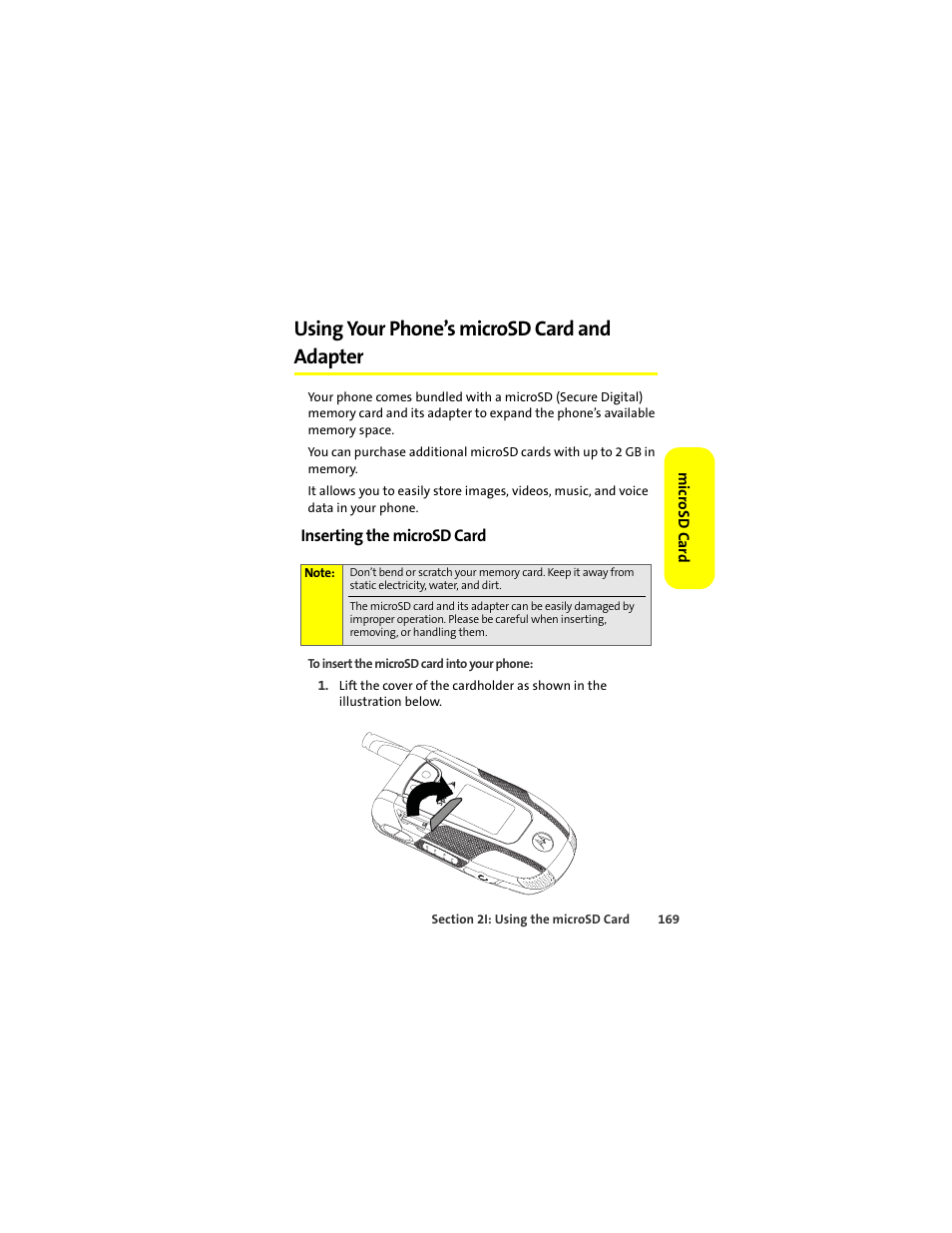 Using your phone’s microsd card and adapter, Inserting the microsd card | Motorola Deluxe Ic902 User Manual | Page 187 / 289