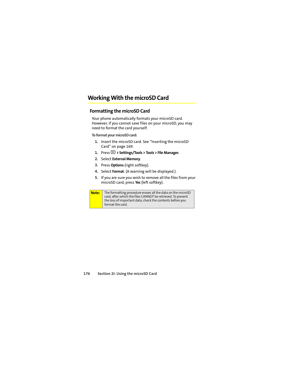 Working with the microsd card, Formatting the microsd card | Motorola Deluxe Ic902 User Manual | Page 194 / 289