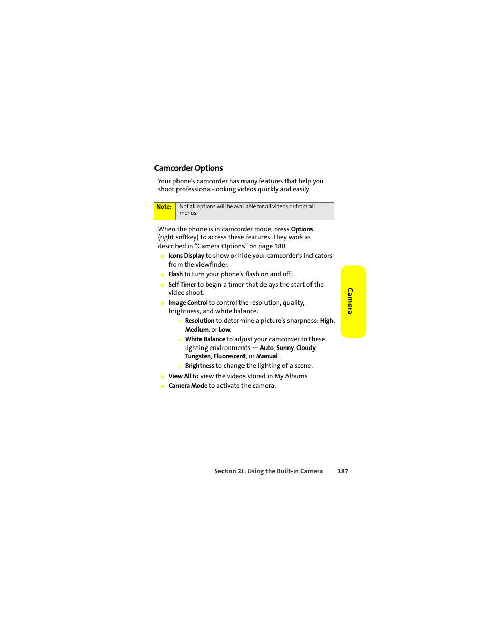 Camcorder options, Ca m e ra | Motorola Deluxe Ic902 User Manual | Page 205 / 289