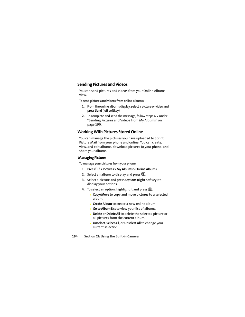 Sending pictures and videos, Working with pictures stored online | Motorola Deluxe Ic902 User Manual | Page 212 / 289