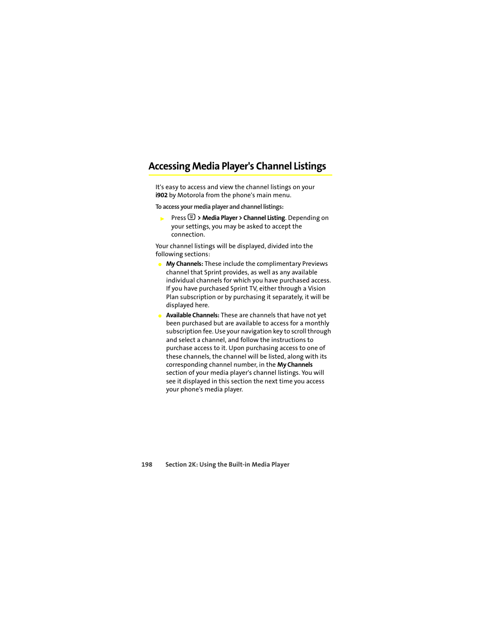 Accessing media player's channel listings | Motorola Deluxe Ic902 User Manual | Page 216 / 289