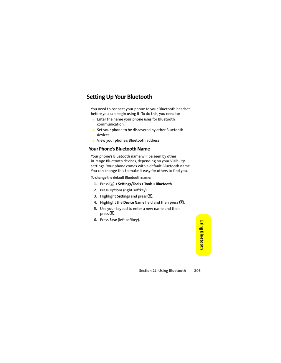 Setting up your bluetooth, Your phone’s bluetooth name | Motorola Deluxe Ic902 User Manual | Page 223 / 289