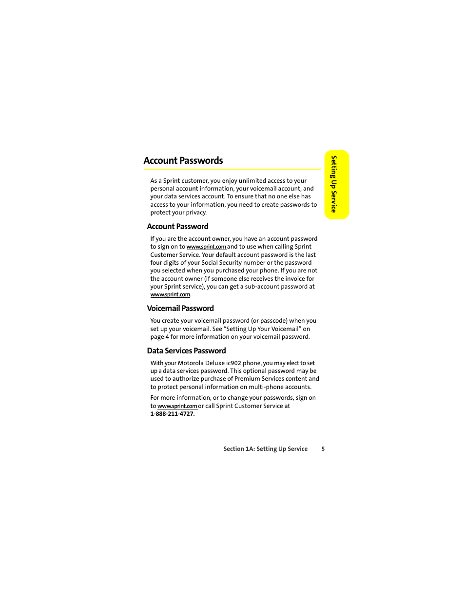 Account passwords, Account password, Voicemail password | Data services password | Motorola Deluxe Ic902 User Manual | Page 23 / 289