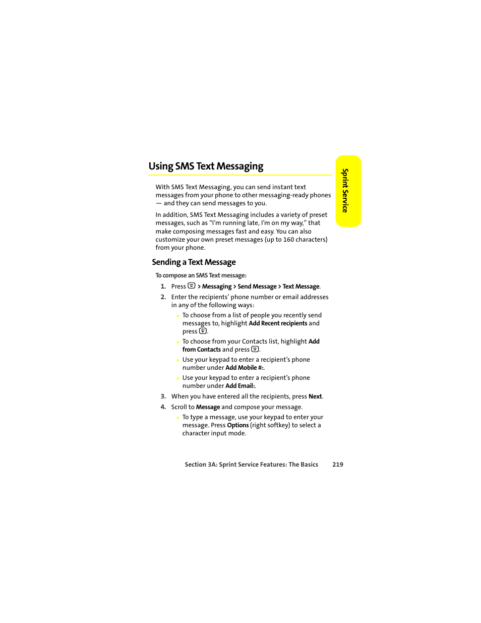 Using sms text messaging, Sending a text message | Motorola Deluxe Ic902 User Manual | Page 237 / 289