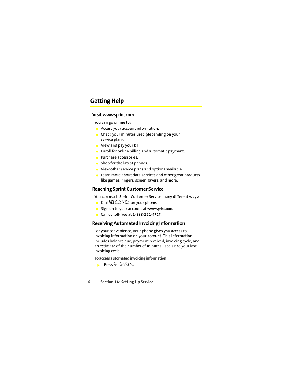 Getting help, Visit www.sprint.com, Reaching sprint customer service | Receiving automated invoicing information, Visit | Motorola Deluxe Ic902 User Manual | Page 24 / 289