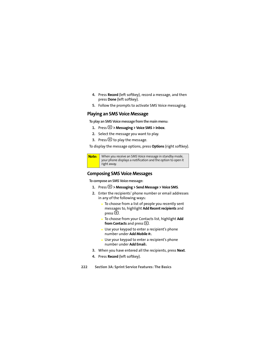 Playing an sms voice message, Composing sms voice messages | Motorola Deluxe Ic902 User Manual | Page 240 / 289