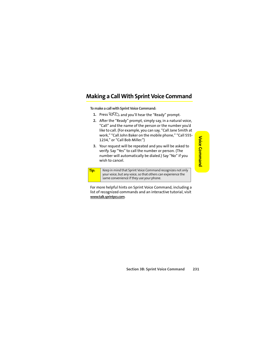 Making a call with sprint voice command | Motorola Deluxe Ic902 User Manual | Page 249 / 289