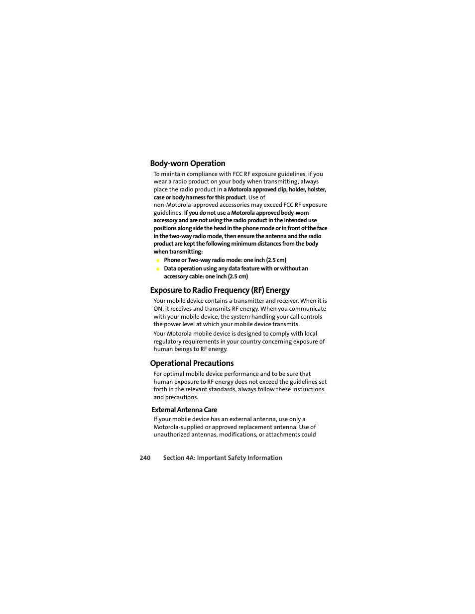 Body-worn operation, Exposure to radio frequency (rf) energy, Operational precautions | Motorola Deluxe Ic902 User Manual | Page 258 / 289