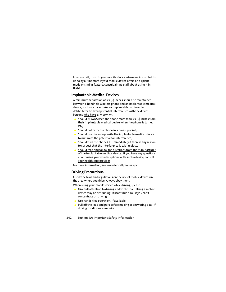 Implantable medical devices, Driving precautions | Motorola Deluxe Ic902 User Manual | Page 260 / 289