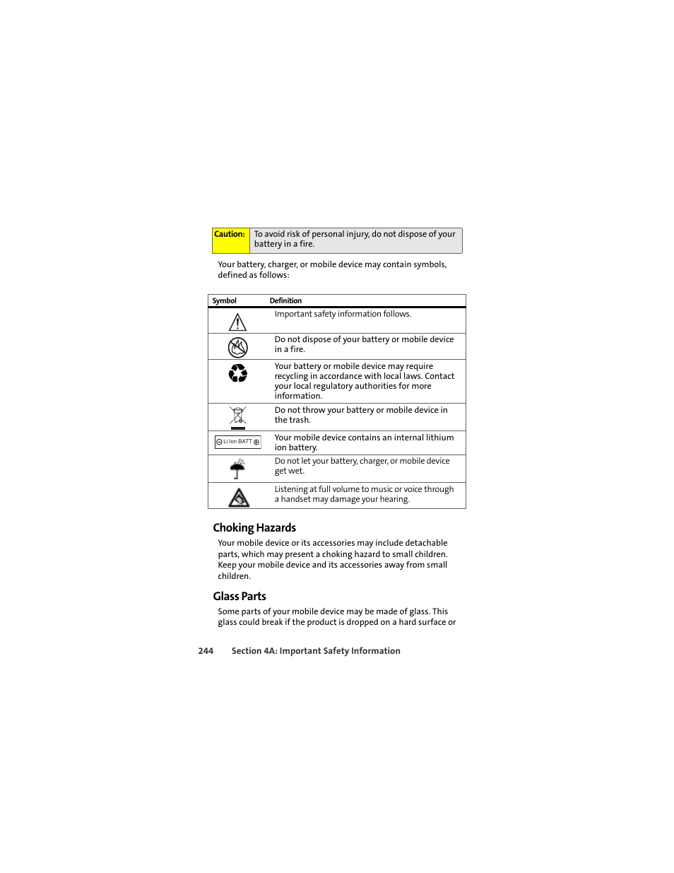 Choking hazards, Glass parts | Motorola Deluxe Ic902 User Manual | Page 262 / 289