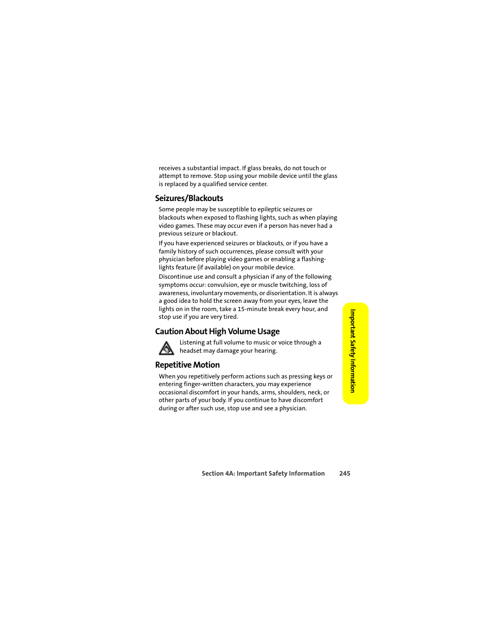 Seizures/blackouts, Caution about high volume usage, Repetitive motion | Motorola Deluxe Ic902 User Manual | Page 263 / 289