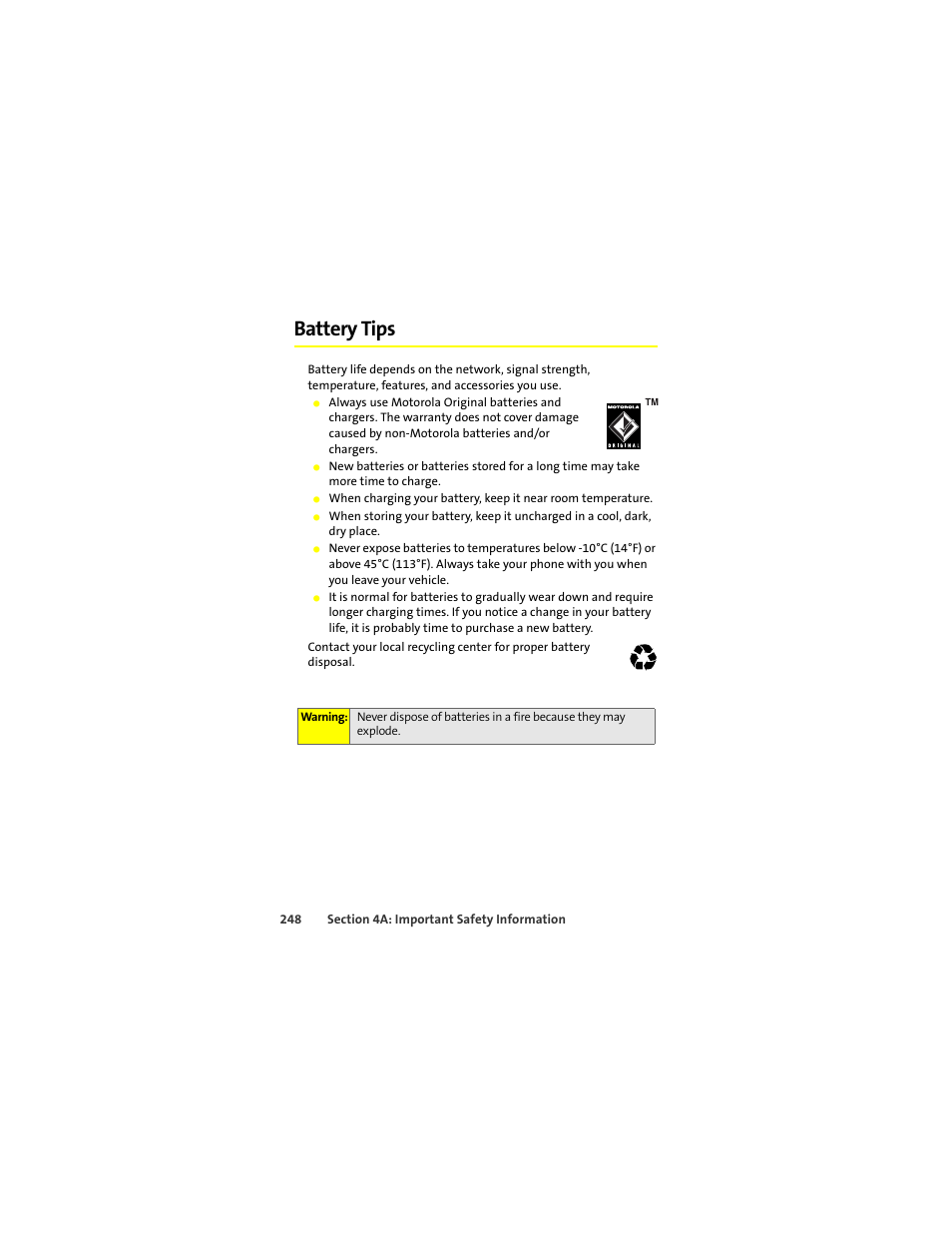 Battery tips | Motorola Deluxe Ic902 User Manual | Page 266 / 289