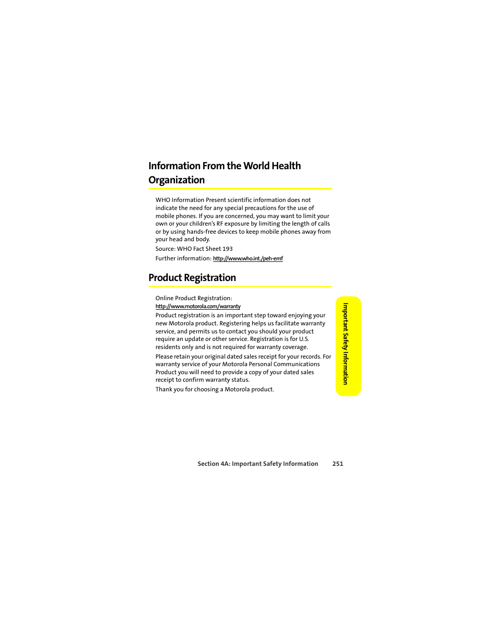 Information from the world health organization, Product registration | Motorola Deluxe Ic902 User Manual | Page 269 / 289