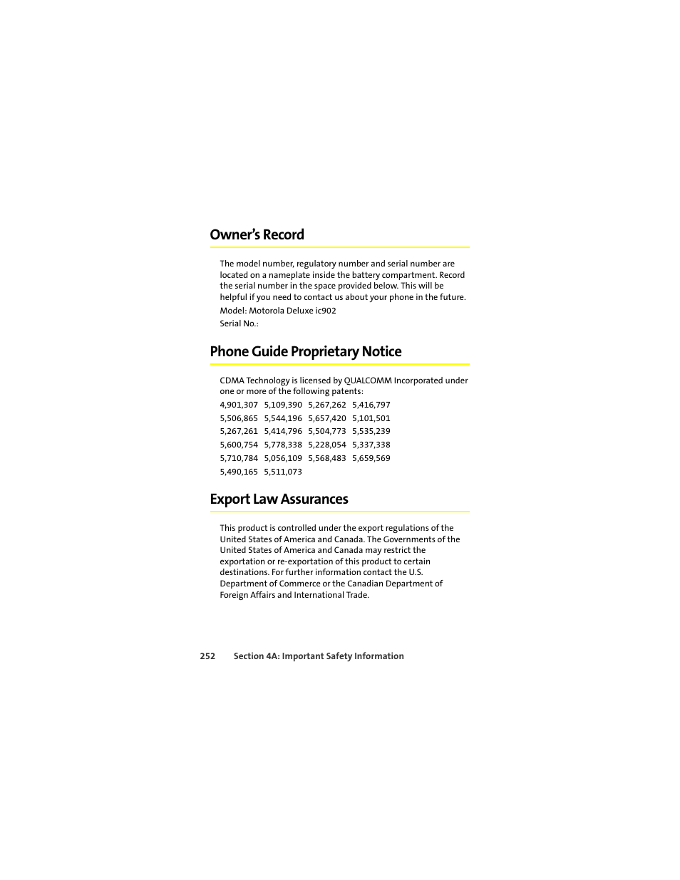 Owner’s record, Phone guide proprietary notice, Export law assurances | Motorola Deluxe Ic902 User Manual | Page 270 / 289