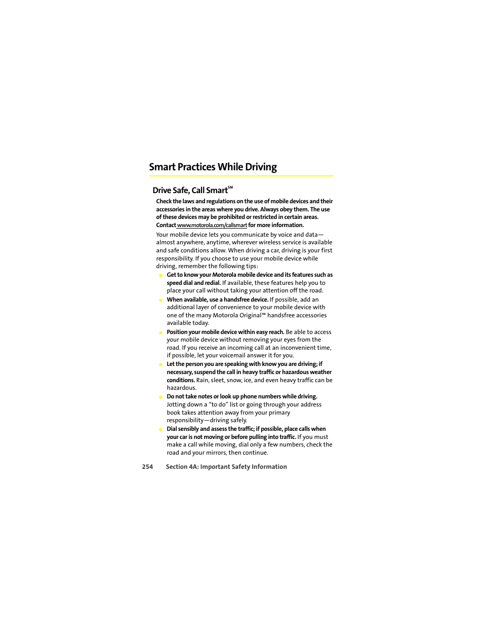 Smart practices while driving, Drive safe, call smartsm, Drive safe, call smart | Motorola Deluxe Ic902 User Manual | Page 272 / 289
