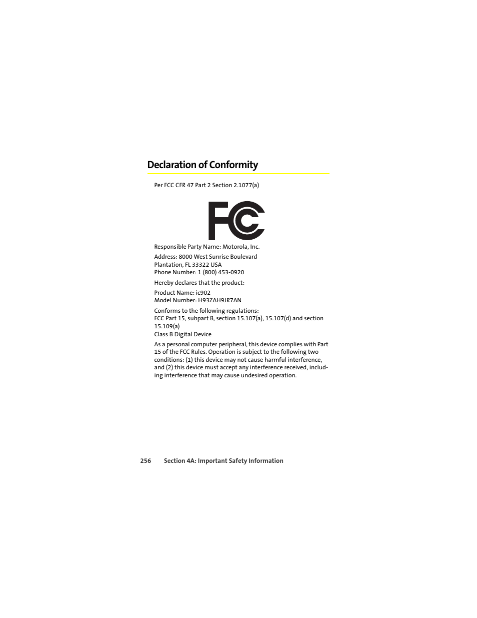 Declaration of conformity | Motorola Deluxe Ic902 User Manual | Page 274 / 289