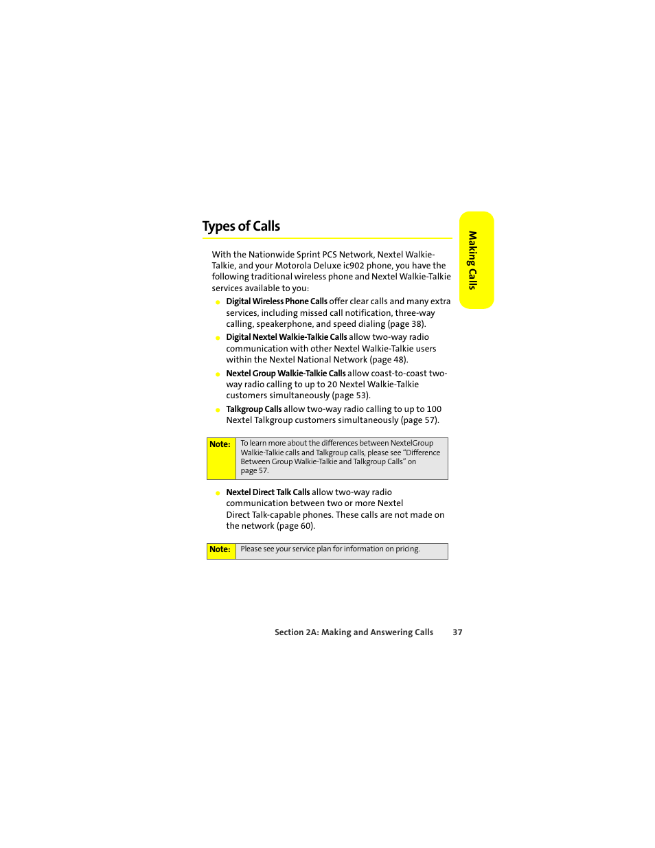 Types of calls | Motorola Deluxe Ic902 User Manual | Page 55 / 289