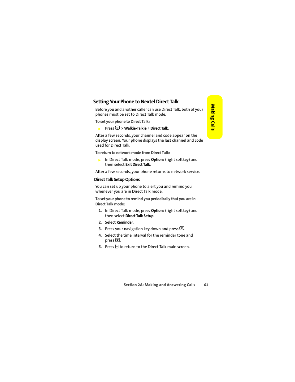 Setting your phone to nextel direct talk | Motorola Deluxe Ic902 User Manual | Page 79 / 289