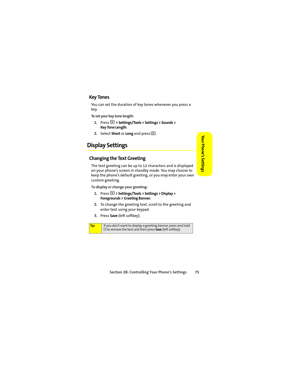 Key tones, Display settings, Changing the text greeting | Motorola Deluxe Ic902 User Manual | Page 93 / 289