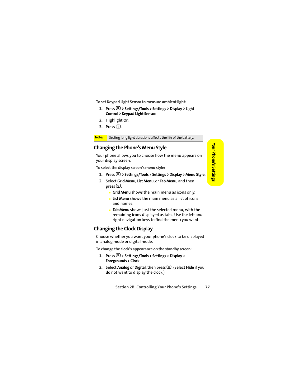 Changing the phone’s menu style, Changing the clock display | Motorola Deluxe Ic902 User Manual | Page 95 / 289
